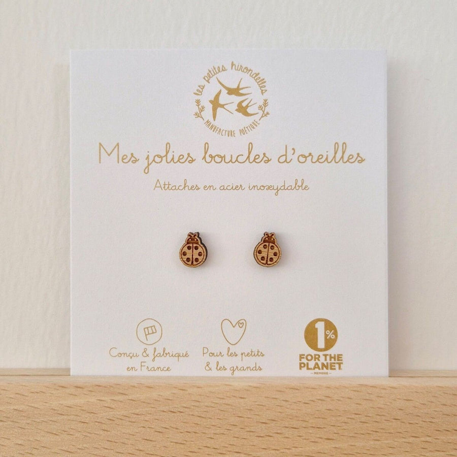 Boucles d'oreilles enfant en bois coccinelles