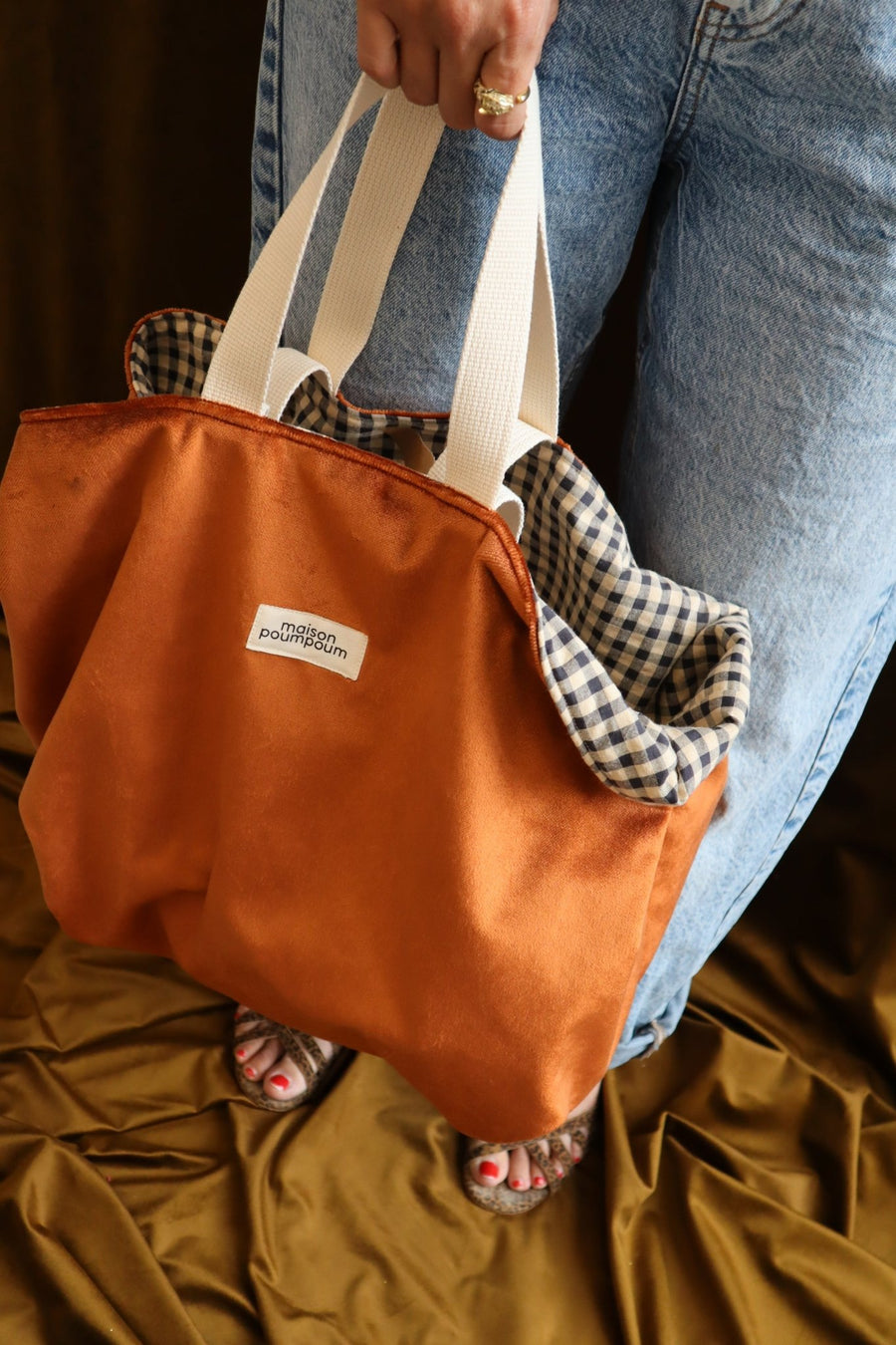 Sac cabas réversible Velours Cognac & Vichy