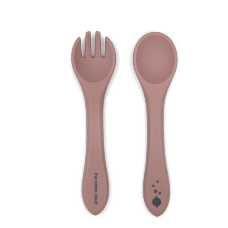 Set fourchette et cuillère en silicone pour bébé et enfant - mauve