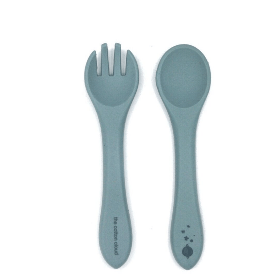 Set fourchette et cuillère en silicone pour bébé et enfant - vert jade